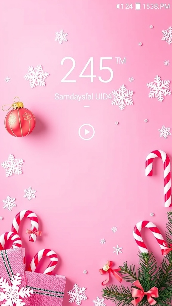 A pink Christmas lockscreen with snowflakes and ornaments.
